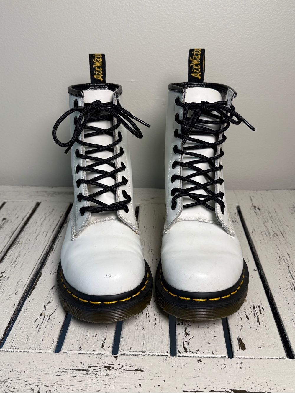 Dr. Martens 1460 8 Eye White Lace-Up Combat Boots with Black Trim